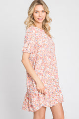 Pink Floral Short Sleeve Ruffle Hem Dress