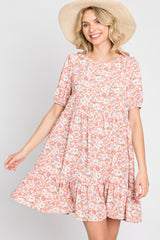 Pink Floral Short Sleeve Ruffle Hem Maternity Dress