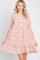 Pink Floral Short Sleeve Ruffle Hem Dress