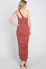 Rust Ruched One Shoulder Midi Dress