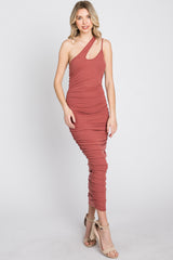 Rust Ruched One Shoulder Midi Dress