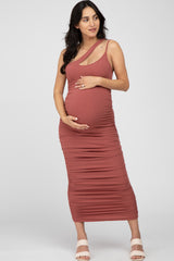 Rust Ruched One Shoulder Maternity Midi Dress