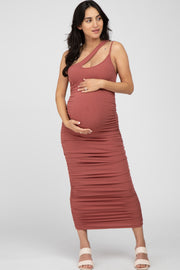 Rust Ruched One Shoulder Maternity Midi Dress