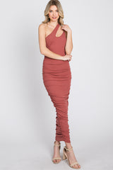 Rust Ruched One Shoulder Midi Dress