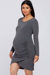 Charcoal Long Sleeve Ruched Side Wrap Hem Maternity Dress