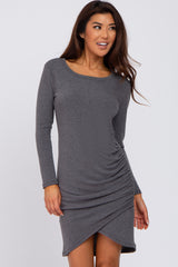 Charcoal Long Sleeve Ruched Side Wrap Hem Maternity Dress