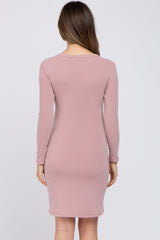 Pink Long Sleeve Ruched Side Wrap Hem Maternity Dress