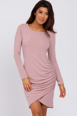 Pink Long Sleeve Ruched Side Wrap Hem Maternity Dress