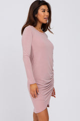 Pink Long Sleeve Ruched Side Wrap Hem Dress