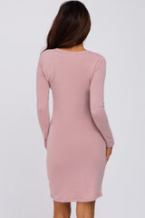 Pink Long Sleeve Ruched Side Wrap Hem Dress