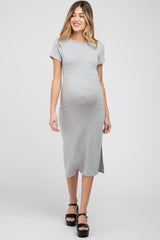 Grey Tie Up Back Maternity T-Shirt Dress