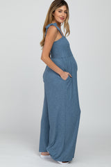 Blue Smocked Shoulder Tie Maternity Jumpsuit