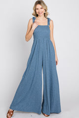 Blue Smocked Shoulder Tie Maternity Jumpsuit