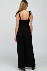 Black Smocked Shoulder Tie Maternity Jumpsuit