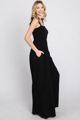 Black Smocked Shoulder Tie Jumpsuit