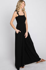 Black Smocked Shoulder Tie Jumpsuit