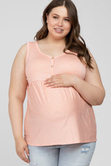 Salmon Striped Button Accent Maternity Plus Sleeveless Top