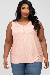 Salmon Striped Button Accent Maternity Plus Sleeveless Top