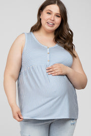 Light Blue Striped Button Accent Maternity Plus Sleeveless Top