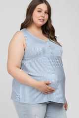 Light Blue Striped Button Accent Maternity Plus Sleeveless Top