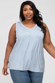 Light Blue Striped Button Accent Plus Sleeveless Top