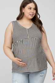 Black Striped Button Accent Maternity Plus Sleeveless Top