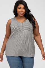 Black Striped Button Accent Maternity Plus Sleeveless Top