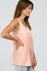 Salmon Striped Button Accent Sleeveless Top