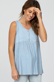 Light Blue Striped Button Accent Sleeveless Top