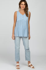 Light Blue Striped Button Accent Sleeveless Top