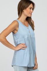 Light Blue Striped Button Accent Sleeveless Top