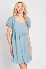 Blue Textured Puff Sleeve Dress