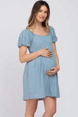 Blue Textured Puff Sleeve Maternity Dress