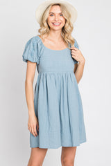 Blue Textured Puff Sleeve Dress