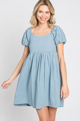 Blue Textured Puff Sleeve Dress