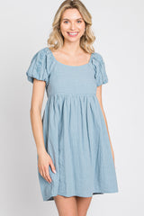 Blue Textured Puff Sleeve Dress