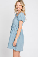 Blue Textured Puff Sleeve Dress