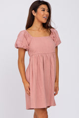 Pink Textured Puff Sleeve Dress