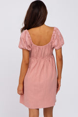 Pink Textured Puff Sleeve Dress