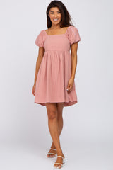 Pink Textured Puff Sleeve Dress