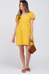 Yellow Textured Puff Sleeve Maternity Dress