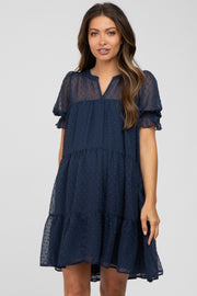 Navy Swiss Dot Tiered Maternity Dress