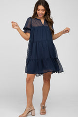 Navy Swiss Dot Tiered Maternity Dress