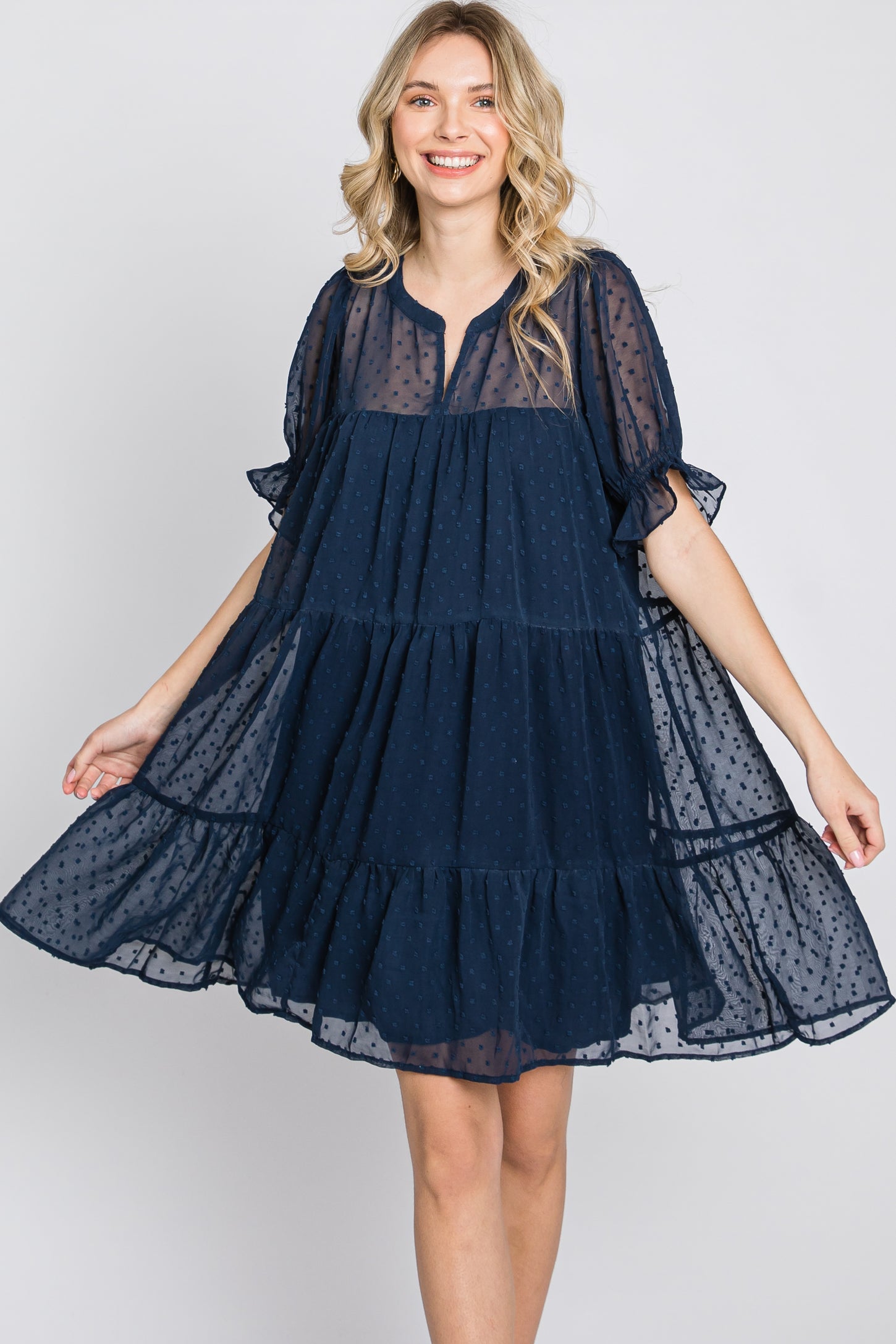 Navy Swiss Dot Tiered Dress – PinkBlush