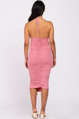 Pink Ruched Criss Cross Back Maternity Midi Dress