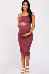 Burgundy Ruched Criss Cross Back Maternity Midi Dress