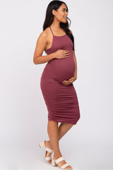 Burgundy Ruched Criss Cross Back Maternity Midi Dress