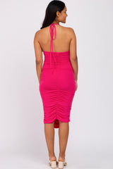 Fuchsia Ruched Criss Cross Back Maternity Midi Dress