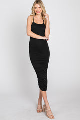 Black Ruched Criss Cross Back Midi Dress