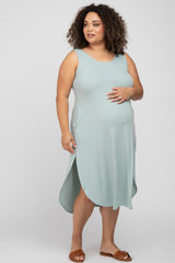 Mint Sleeveless Ribbed Curved Hem Plus Maternity Maxi Dress